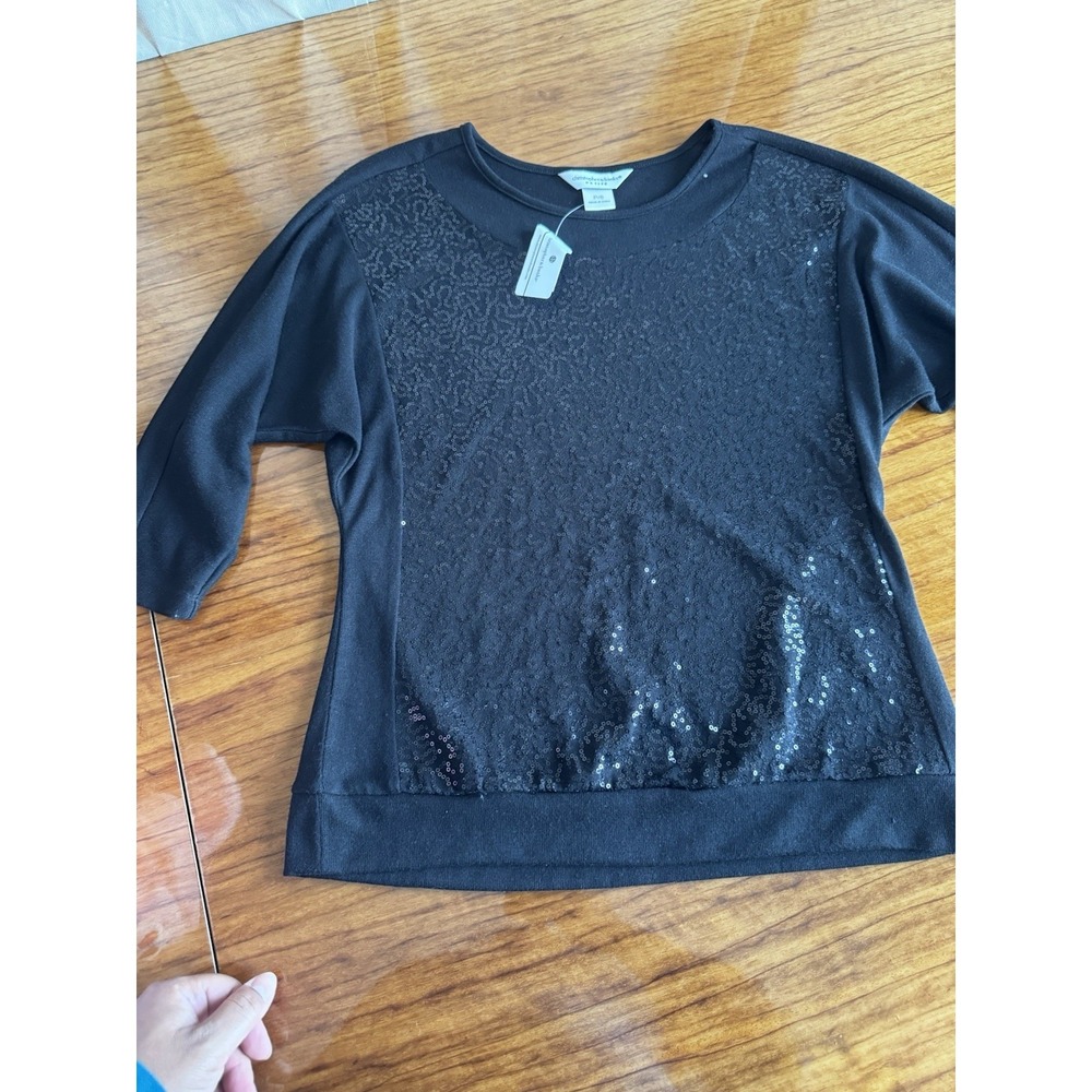 Christopher & Banks Black Sequin Front Pullover Top Crew Neck 3/4 Sleeve P/S